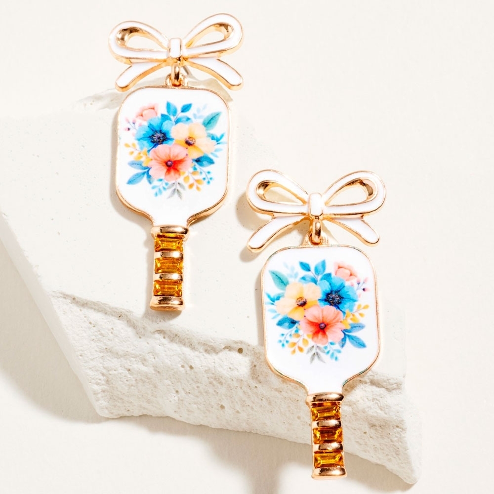 White Blue Floral Bow PickleBall Earrings 1.75" Trendy Dangle Paddle Gold
